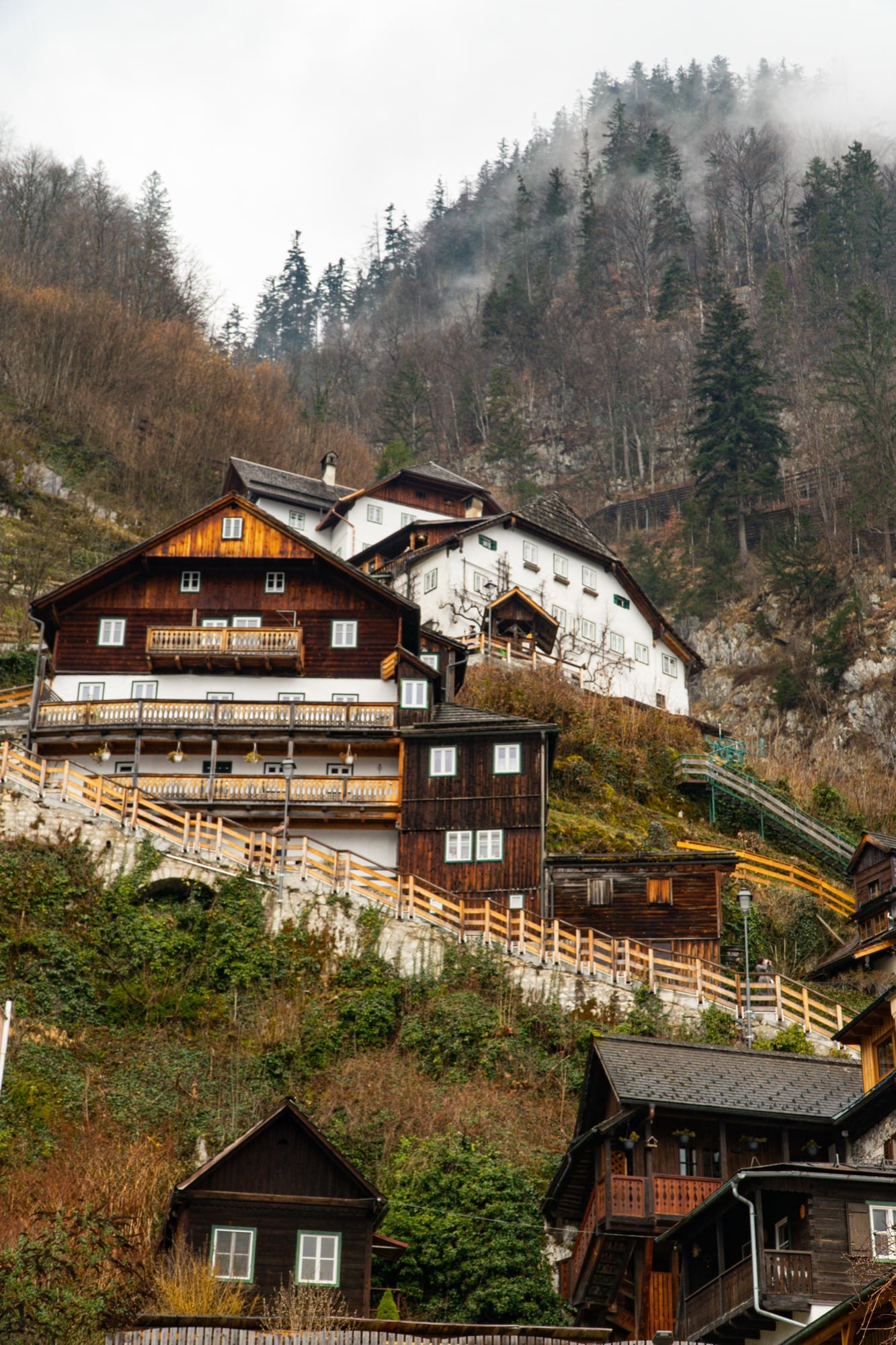 Wooden houses clinging to the misty, wooded slope, Hallstatt