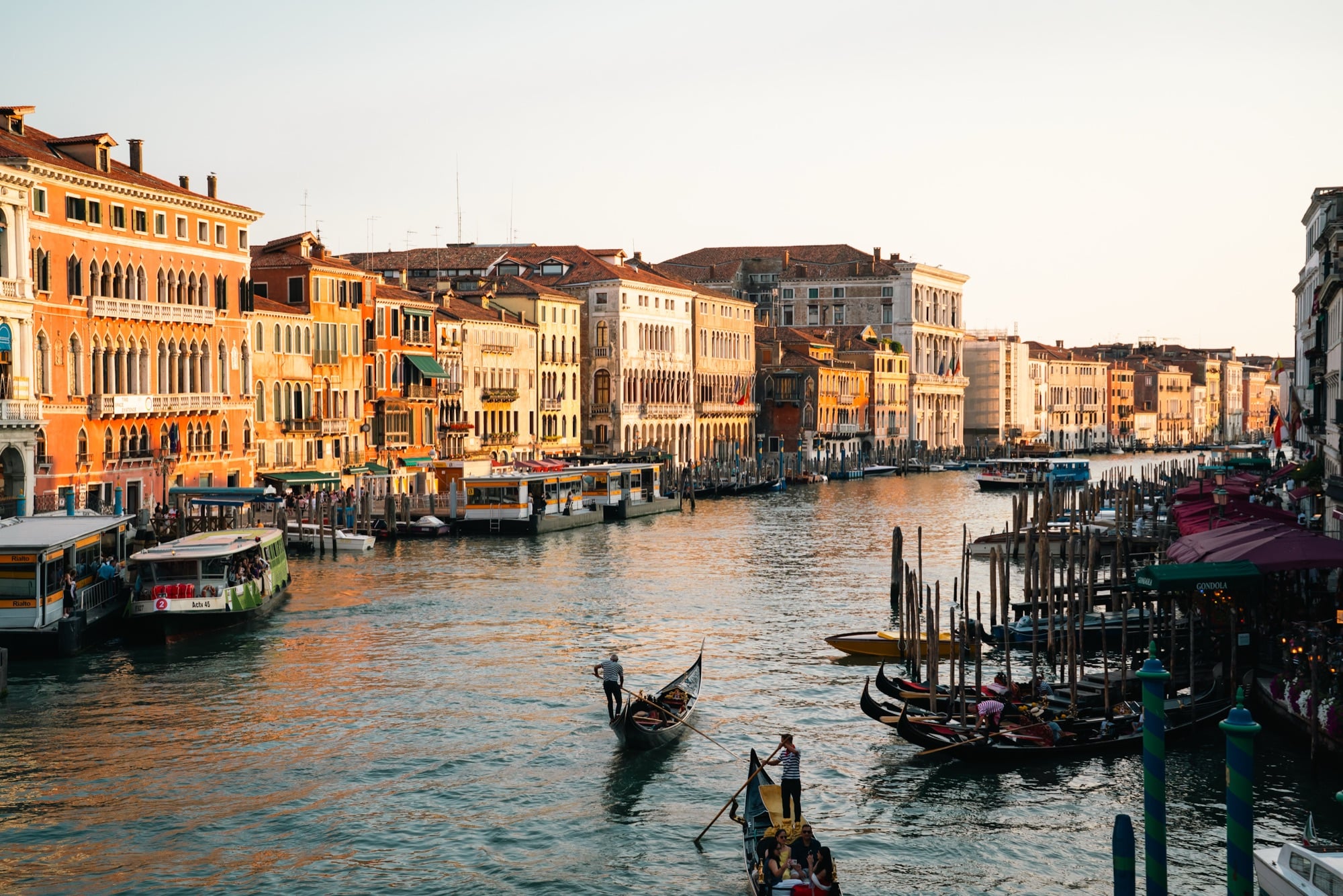 A wide sunset view down the Grand Canal from the Rialto, gondolas ferrying passengers between vaporetto stops and glowing golden palazzi