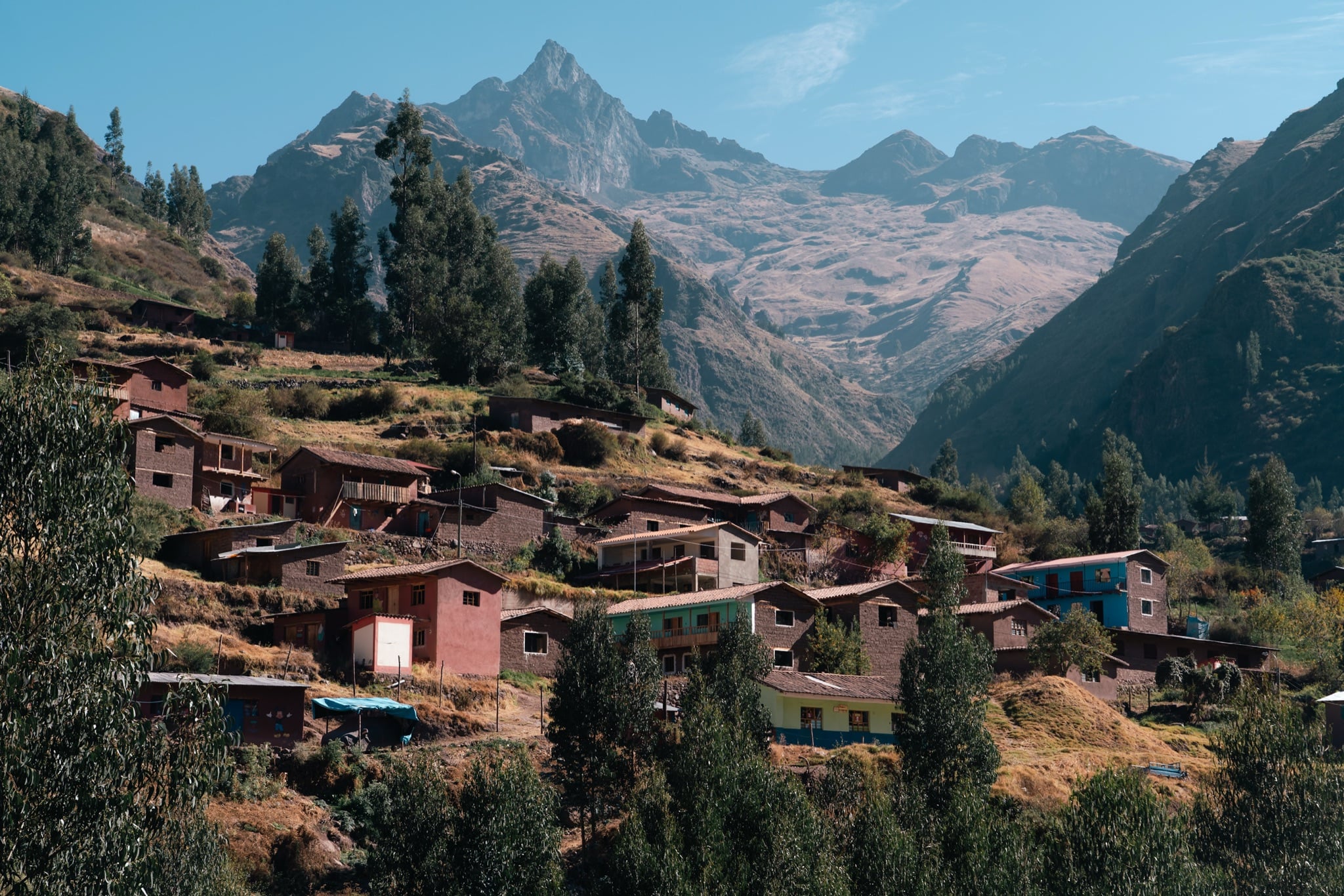 A small village tucked into a forested Andean valley