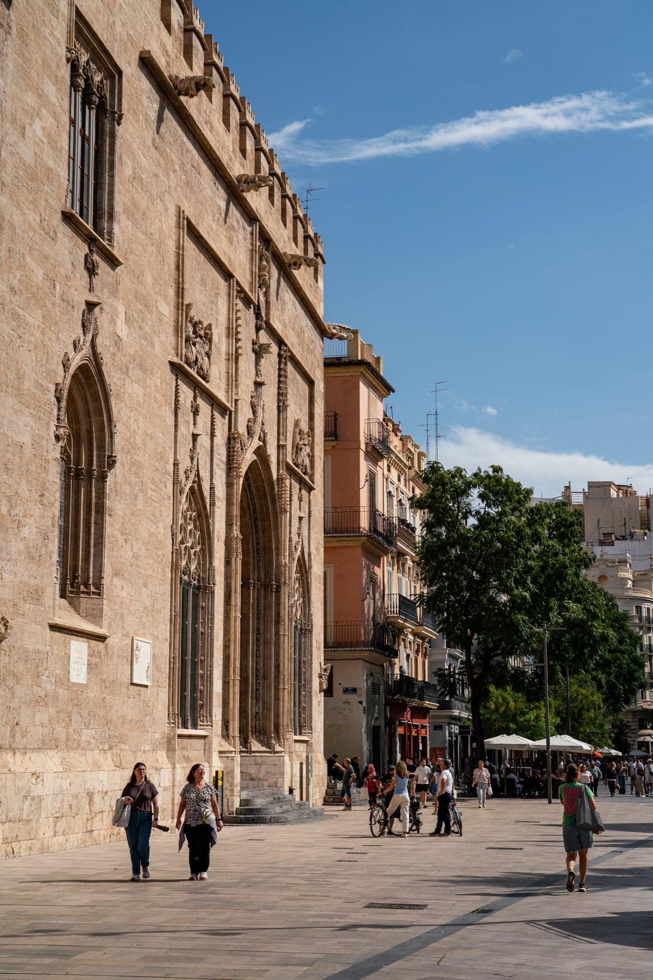 The long Gothic flank of La Lonja de la Seda along a sunny pedestrian street, people strolling past